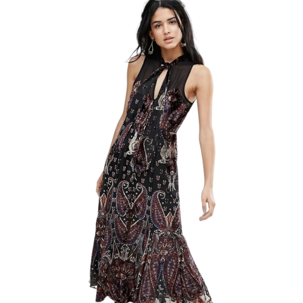 Free People Black & Brown Printed Hands To Hold Front Slit Velvet Maxi Dress-2